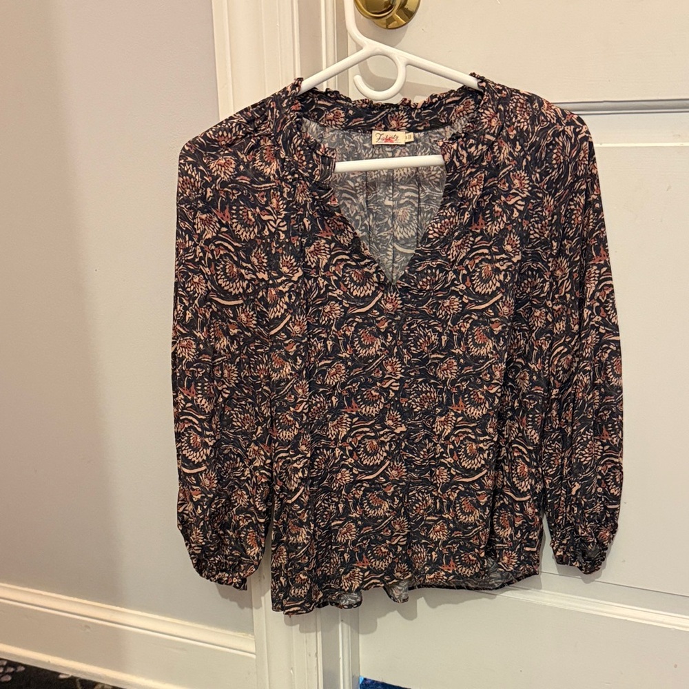 FAHERTY Navy and Brown Floral Blouse